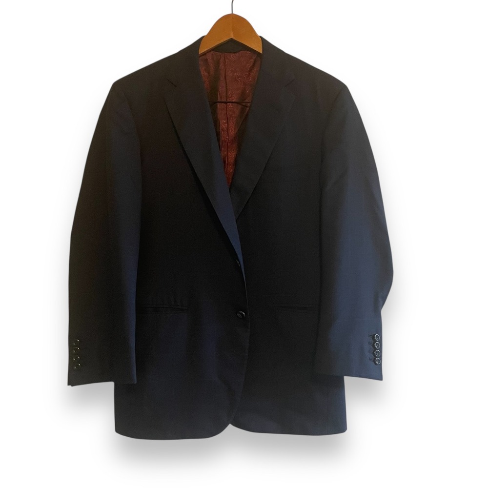 Royal Classic HOLLAND & SHERRY Navy Blue Windowpane Blazer Jacket 38S Bespoke